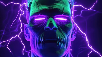 Poster - Neon Frankenstein's monster face glowing in green and purple, with lightning bolts illuminating the background
