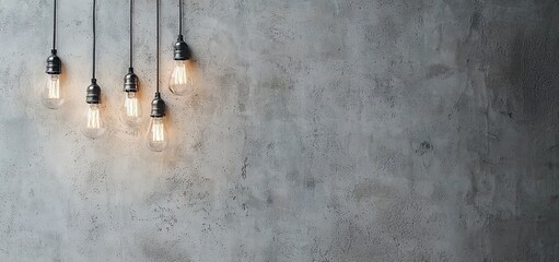 Vintage light bulbs hanging on a grey background with copy space. This creative idea represents the concept of creativity and innovation in business