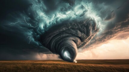 Poster - A dramatic tornado swirling over an open landscape with dark, turbulent skies.