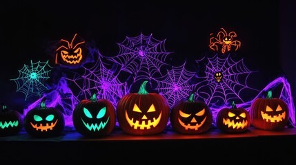 Poster - Neon pumpkins in various colors, with glowing carved faces, illuminating a dark spooky setting with neon spider webs