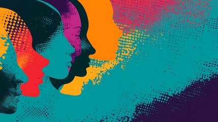 Poster - Abstract illustration of four profile silhouettes in vibrant colors with a halftone pattern.