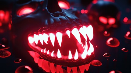 Poster - Neon vampire fangs glowing in white and red, with glowing drops of blood and neon skulls in the background