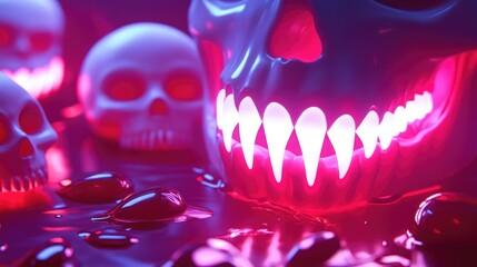 Poster - Neon vampire fangs glowing in white and red, with glowing drops of blood and neon skulls in the background