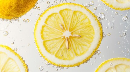 Juicy lemon slices are submerged in sparkling bubbles, creating a refreshing and vibrant scene perfect for culinary inspiration.