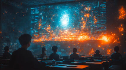 Poster - futuristic classroom with students learning from holographic teachers in technological environment