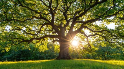 Poster - Majestic oak tree with sunlight filtering through lush green leaves.