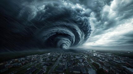 Poster - Dark swirling storm clouds over a cityscape, dramatic weather scene.