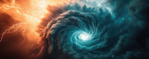 Poster - A swirling vortex of dark clouds illuminated by lightning and vibrant colors.