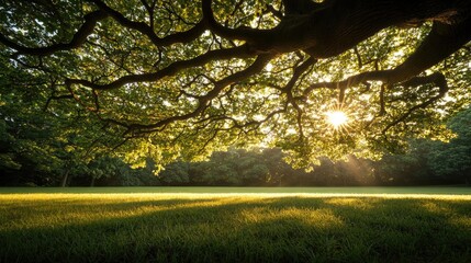 Poster - Sunlight filtering through green tree branches on a peaceful grassy field.