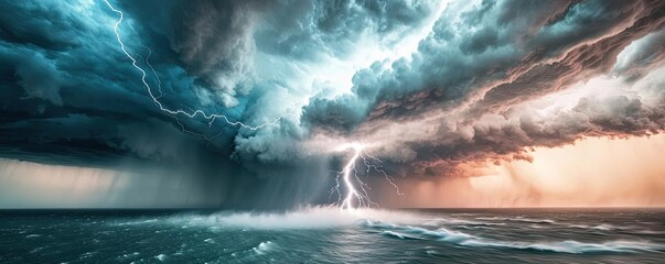 Poster - Dramatic lightning striking over a turbulent ocean with dark storm clouds.