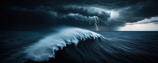 Poster - Dramatic ocean wave under stormy sky with lightning and dark clouds.