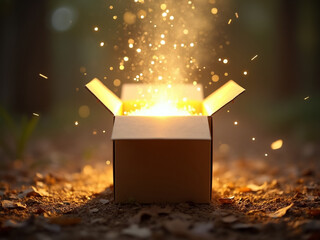 Aufkleber - Open box with magic light in the forest. 3d rendering.
