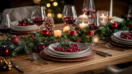 Poster - A table is set for a Christmas dinner with a red and green theme