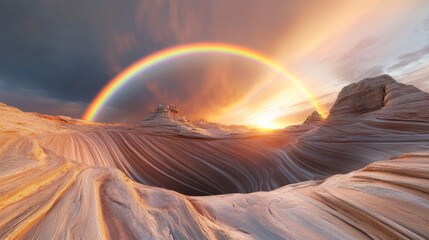 Poster - A rainbow is seen over a desert landscape