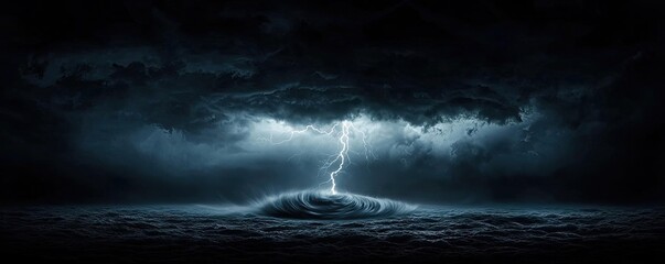Poster - Dramatic lightning striking over dark ocean waves under stormy skies.