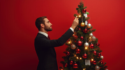 Wall Mural - A man in a suit is decorating a Christmas tree with ornaments