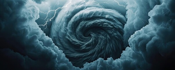 Poster - Dark swirling storm clouds with lightning in the center, moody and dramatic atmosphere.