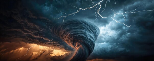 Poster - Dramatic tornado with lightning against a dark, stormy sky.