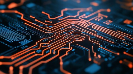 Close-up view of a circuit board featuring intricate patterns and vibrant orange traces against a dark background, showcasing modern electronics and technological design.