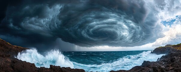 Poster - Dramatic cloud formation over turbulent ocean landscape, nature's power visualized.