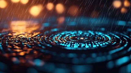 Poster - Raindrops create ripples on a vibrant surface with colorful lights in the background.