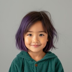 Wall Mural - Portrait of a cheerful Asian child with purple hair and green top