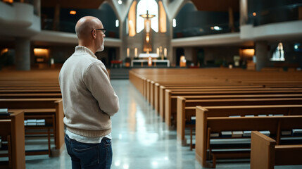 bald man with glasses in casual attire stands in a modern church interior with wooden pews and altar