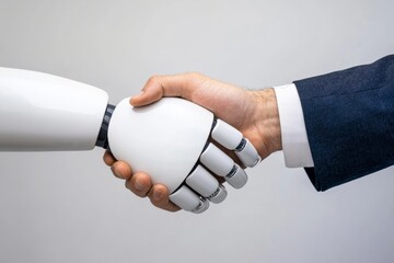 Poster - robot hand shakes a human hand. the robot is white and the human is wearing a white shirt. concept o
