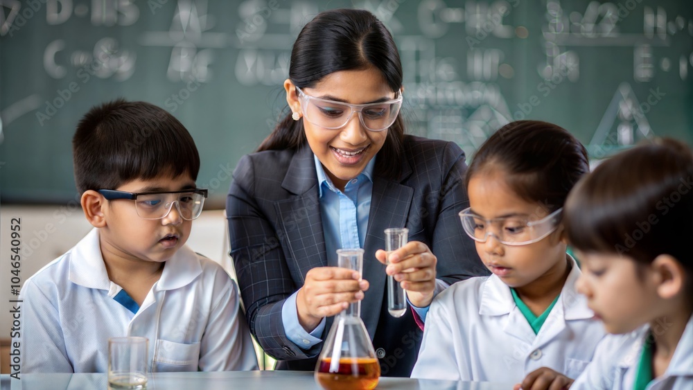 An Indian teacher demonstrating a science experiment to students in a ...