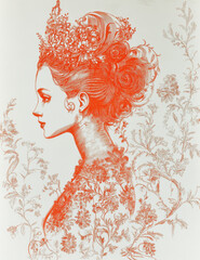 Profile of woman with intricate floral crown and patterned dress in red illustration
