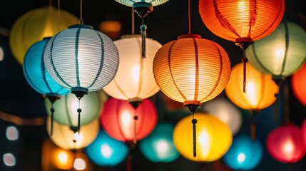 Poster - glowing lanterns floating in the night sky, vibrant colors, festival of lights celebration