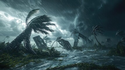Poster - Stormy landscape with uprooted trees and turbulent waters, dramatic atmosphere.