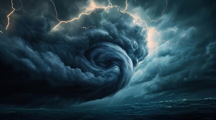Poster - Stormy clouds swirling over dark ocean waters, dramatic lightning backdrop.