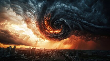Aufkleber - Dramatic swirling storm clouds above a vibrant sunset over a city skyline.