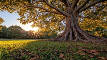 Poster - Majestic tree basking in sunset, showcasing vibrant leaves and roots.