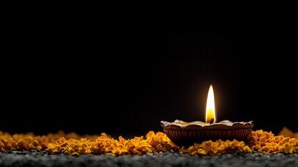 Poster - close-up of a diya glowing in the darkness, surrounded by marigolds, sacred moment