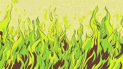 Green and brown flames rising on a yellow dotted background.