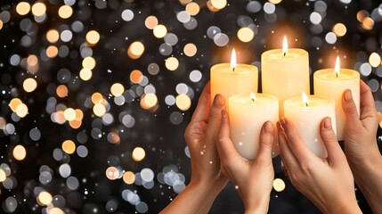 Poster - hands arranging bright candles in a pattern, intimate and traditional festival of lights