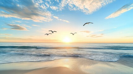 Poster - A peaceful beach with seagulls in flight at sunset.