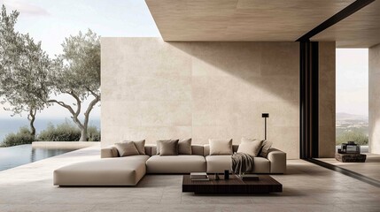 Wall Mural - Minimalist outside travertine living room with dark wood furniture and cashmere
