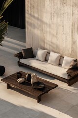 Wall Mural - Minimalist outside travertine living room with dark wood furniture and cashmere

