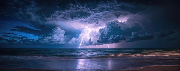 Poster - A dramatic thunderstorm illuminating the night sky over a tranquil ocean.