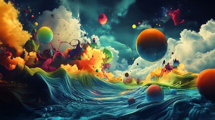 Surreal landscape with vibrant colors and floating shapes