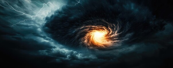 Poster - A swirling vortex in a dark stormy sky with a bright center.