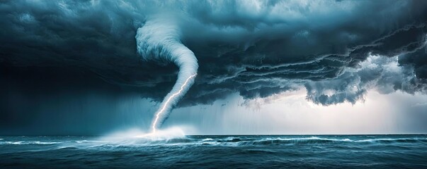 Poster - Tornado forming over ocean, dramatic sky, powerful weather phenomenon.