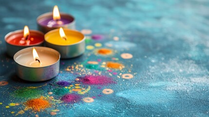 Poster - close-up of intricate rangoli patterns with glowing candles, artistic festival of lights