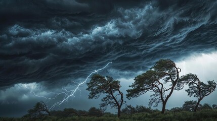 Poster - Dramatic storm clouds with lightning over silhouetted trees.
