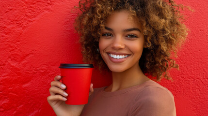 Wall Mural - A woman is holding a red cup and smiling