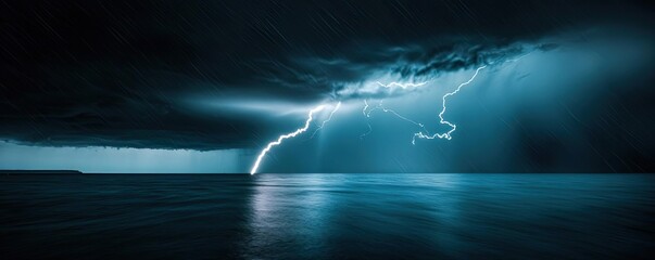 Poster - Dramatic lightning strikes over calm ocean waters with dark storm clouds.