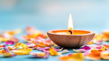 Poster - close-up of a single glowing diya, surrounded by colorful petals, peaceful moment